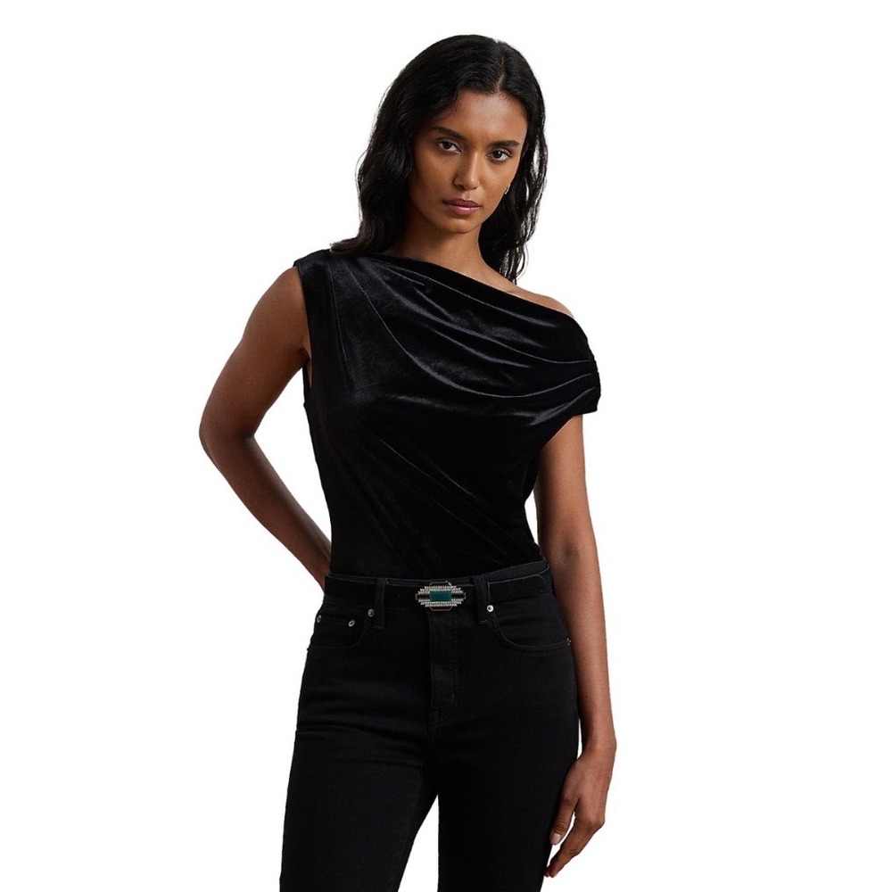 Lauren Ralph Lauren Black Asymmetric Neck Velvet Top XXL LRL Holiday 24 Blouse